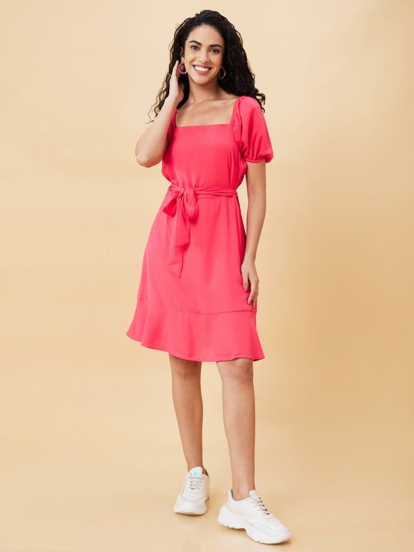 Globus Women Pink Solid Casual Belted A-Line Dress