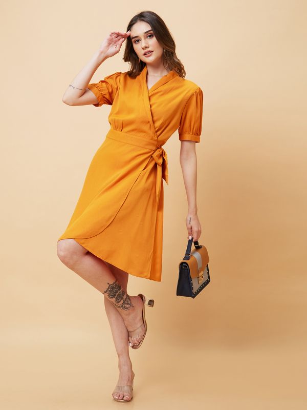 Globus Women Mustard Solid Wrap Fit and Flare Dress