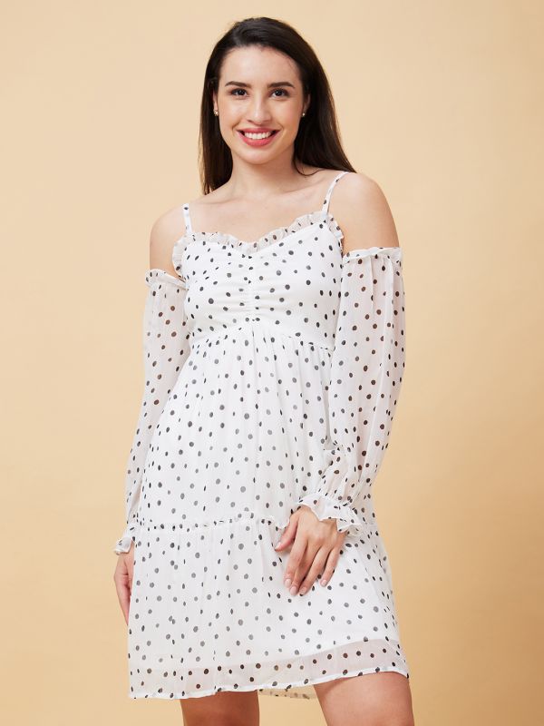 Globus Women White Polka Dots Print Ruffle Dobby Off-Shoulder Casual Fit And Flare Dress