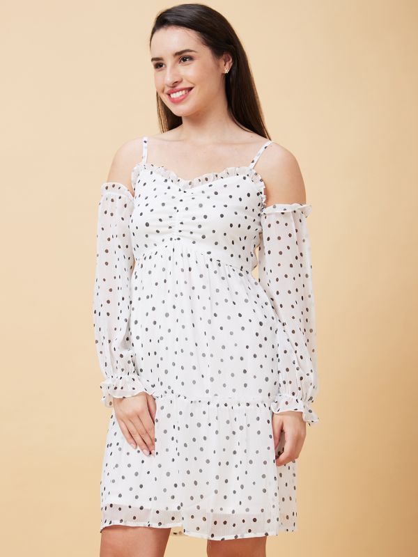 Globus Women White Polka Dots Print Ruffle Dobby Off-Shoulder Casual Fit And Flare Dress