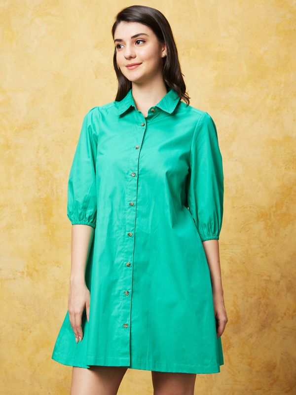 Globus Women Green Solid Puff Sleeves A-Line Shirt Dress