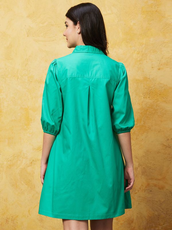 Globus Women Green Solid Puff Sleeves A-Line Shirt Dress