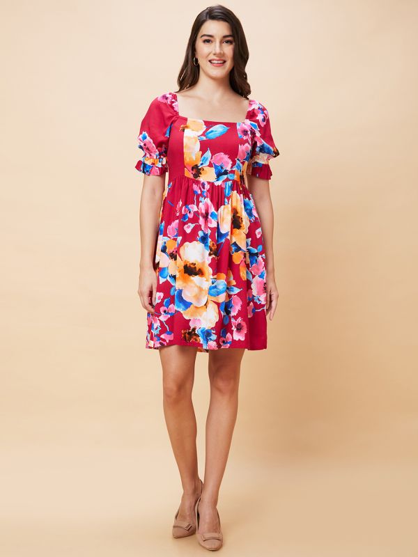 Globus Women Red Floral Print Square Neck Casual A-Line Dress