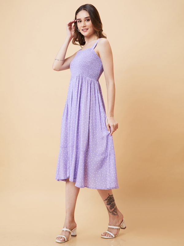 Globus Women Lavender Polka Dobby Print Smocked Fit & Flare Dress