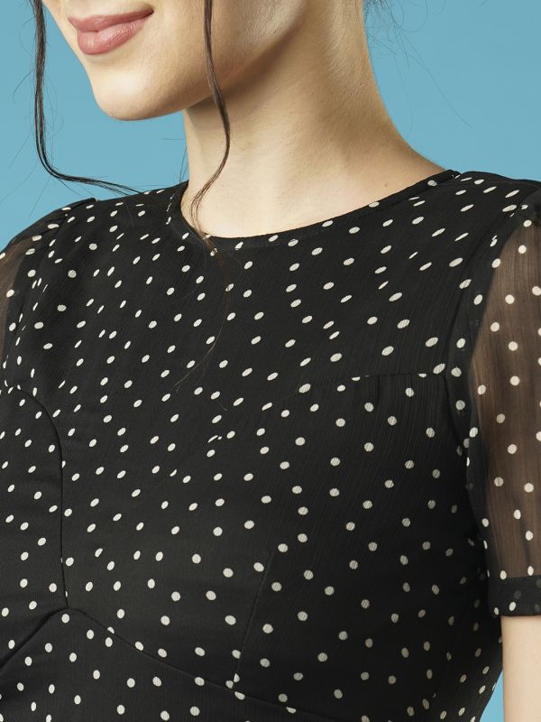 Globus Women Black Polka Dots Round Neck Short Puffed Sleeves Fit & Flare Dress