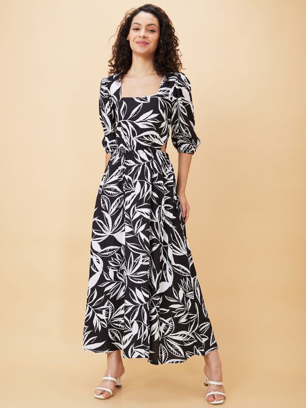 Globus Women Black Floral Printed Puff Sleeve Cut Outs Maxi Dress