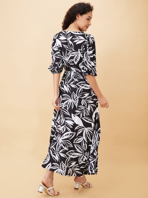 Globus Women Black Floral Printed Puff Sleeve Cut Outs Maxi Dress