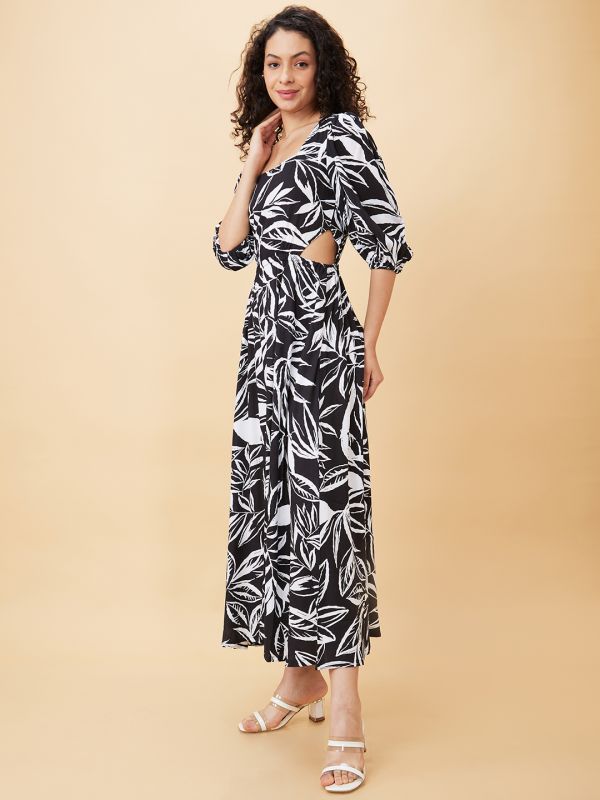 Globus Women Black Floral Printed Puff Sleeve Cut Outs Maxi Dress