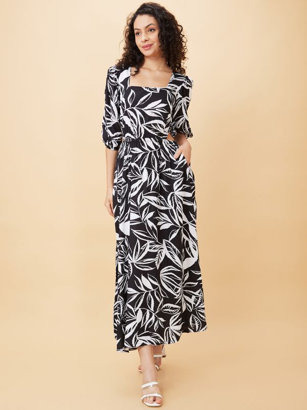 Globus Women Black Floral Printed Puff Sleeve Cut Outs Maxi Dress