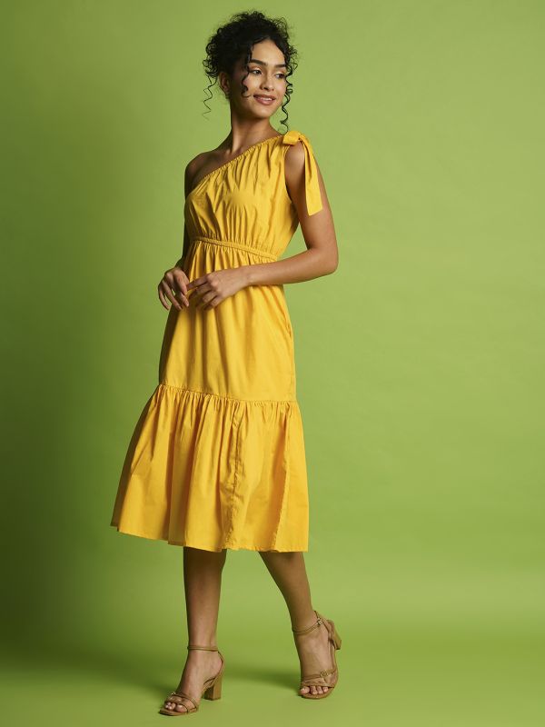 Globus Women Yellow One Shoulder Tie-Up Gathered Fit & Flare Midi Dress