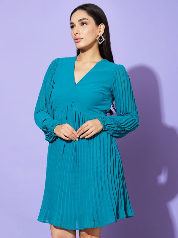 Globus Women Teal Solid V-Neck Bishop Sleeves Fit & Flare Casual Dress