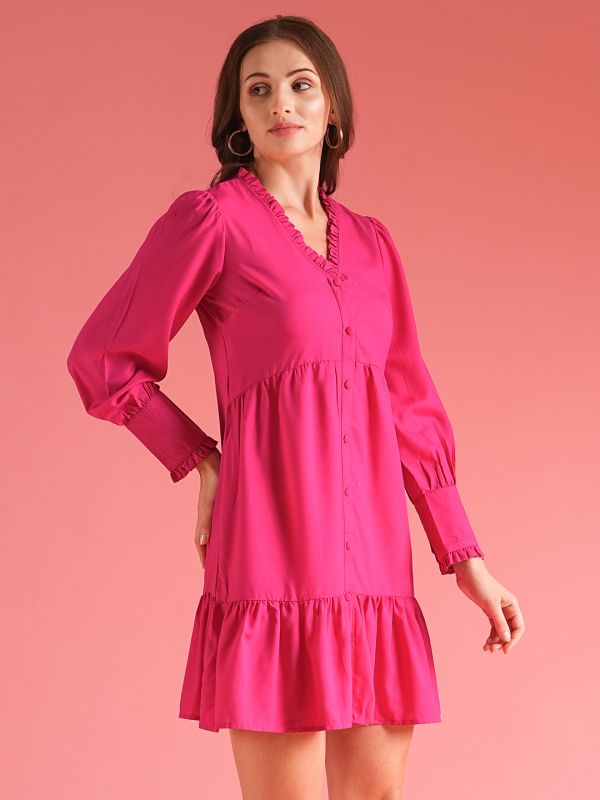 Globus Women Pink Button Down Shirt Style A-Line Mini Dress