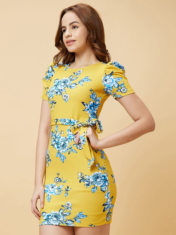 Globus Women Yellow Floral Print Puff Sleeves Round Neck Bodycon Mini Dress