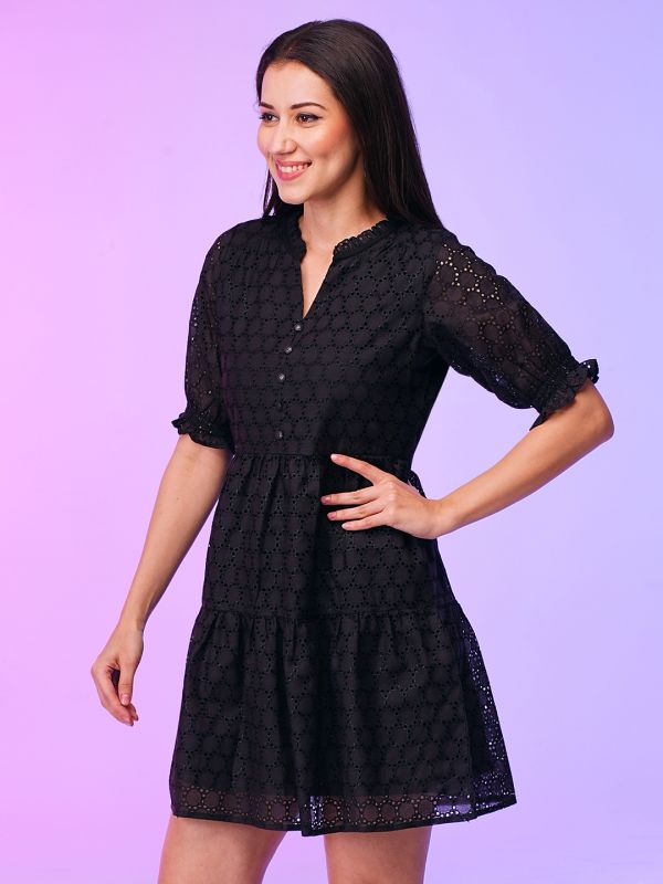 Cotton Black Schiffli Self Design Puff Sleeves Gathered Tiered Cotton Fit & Flare Dress