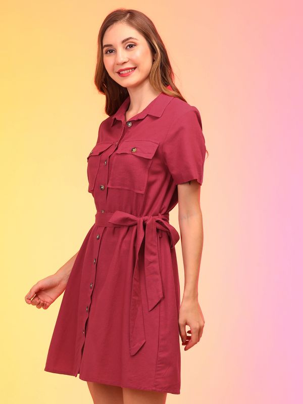 Globus Women Red Belted Shirt Style Straight Hem Dress 