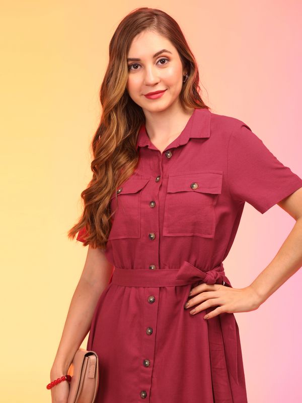 Globus Women Red Belted Shirt Style Straight Hem Dress 