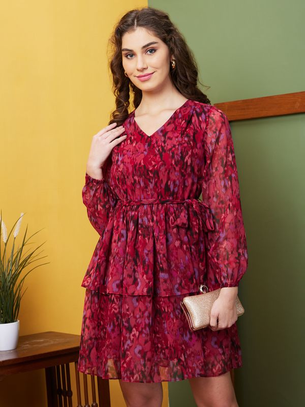 Globus Women Maroon V-Neck Abstract Print Bishop Sleeve Layered Fit & Flare Dress With Belt