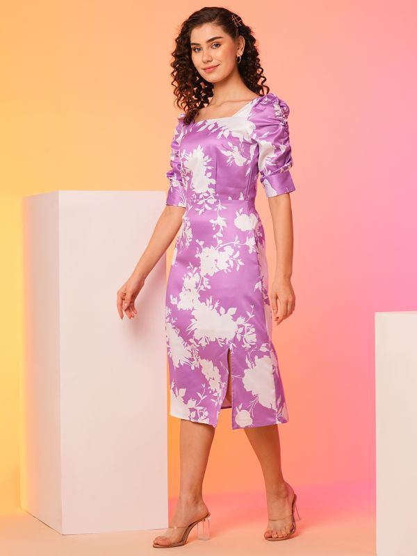 Globus Women Lavender Floral Printed Square Neck Puff Sleeves Smocked A-Line Midi Dress