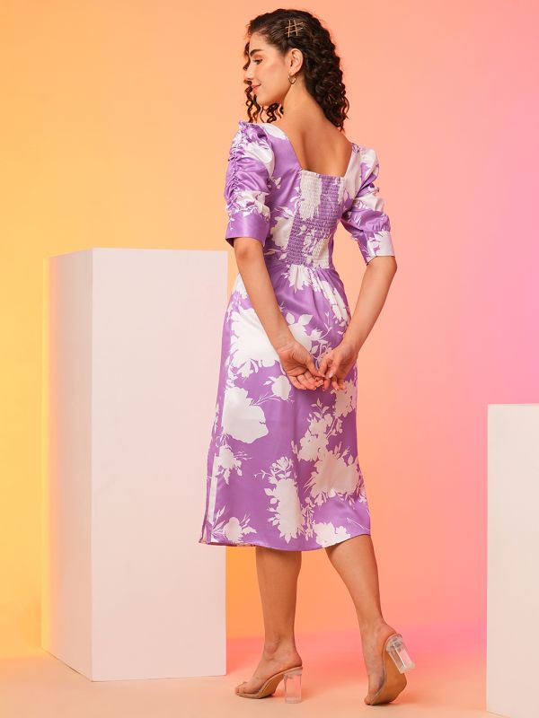 Globus Women Lavender Floral Printed Square Neck Puff Sleeves Smocked A-Line Midi Dress