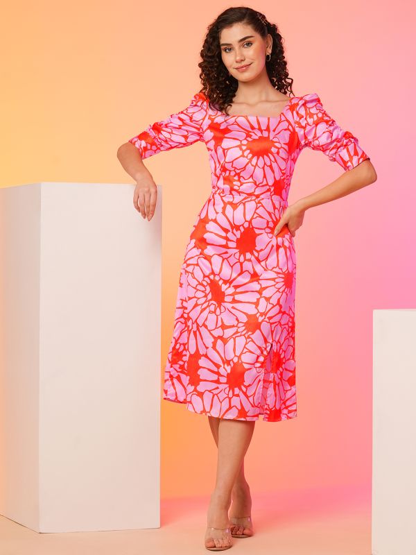 Globus Women Pink Floral Square Neck A-line Midi dress