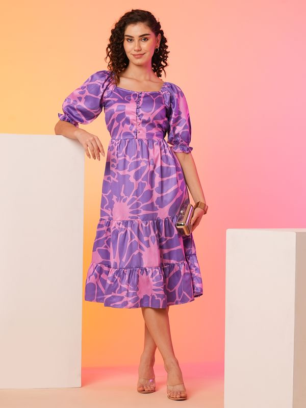 Globus Women Lavender Floral Puff Sleeve Fit and Flare Midi Dress