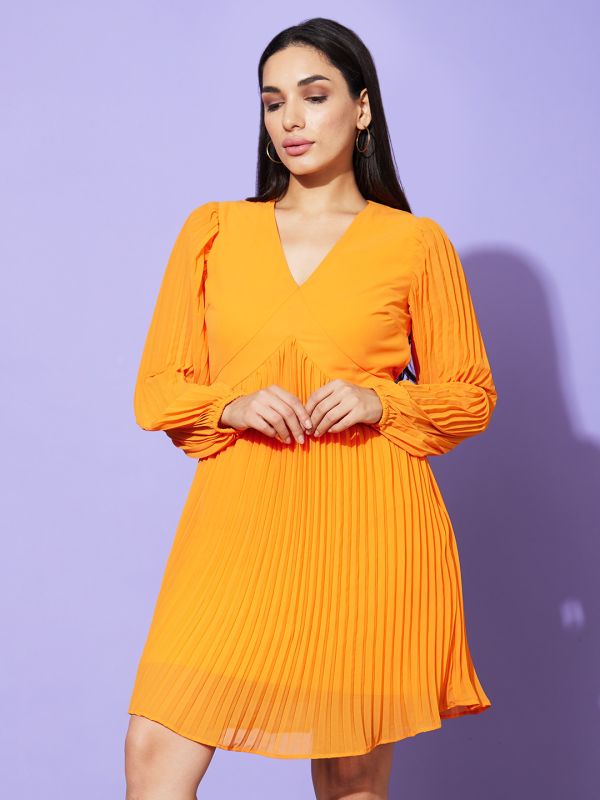 Globus Women Orange Solid V-Neck Bishop Sleeves Fit & Flare Casual Dress