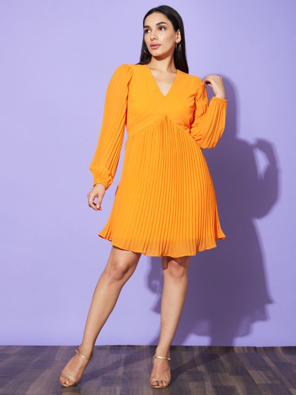 Globus Women Orange Solid V-Neck Bishop Sleeves Fit & Flare Casual Dress