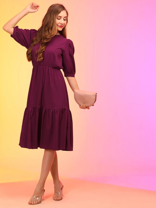 Globus Women Wine Puff Sleeve Fit & Flare Midi Dress