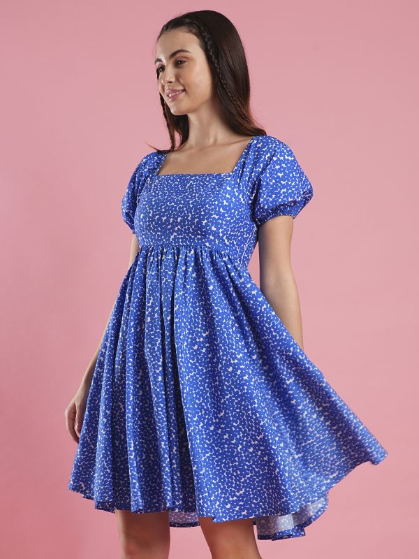 Globus Women Blue Floral Printed Balloon Sleeve Fit & Flare Workwear Dress