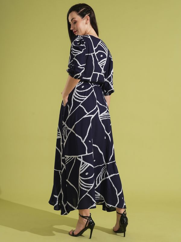 Globus Women Blue Abstract Print Square Neck Puff Sleeves Fit & Flare Maxi Dress