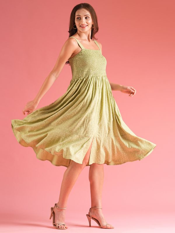 Globus Women Green Smocked Fit & Flare Midi Dress