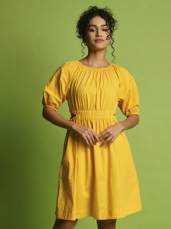 Globus Women Yellow Puff Sleeves Gathered Cut-Outs Waist Knee Length Fit & Flare Dress