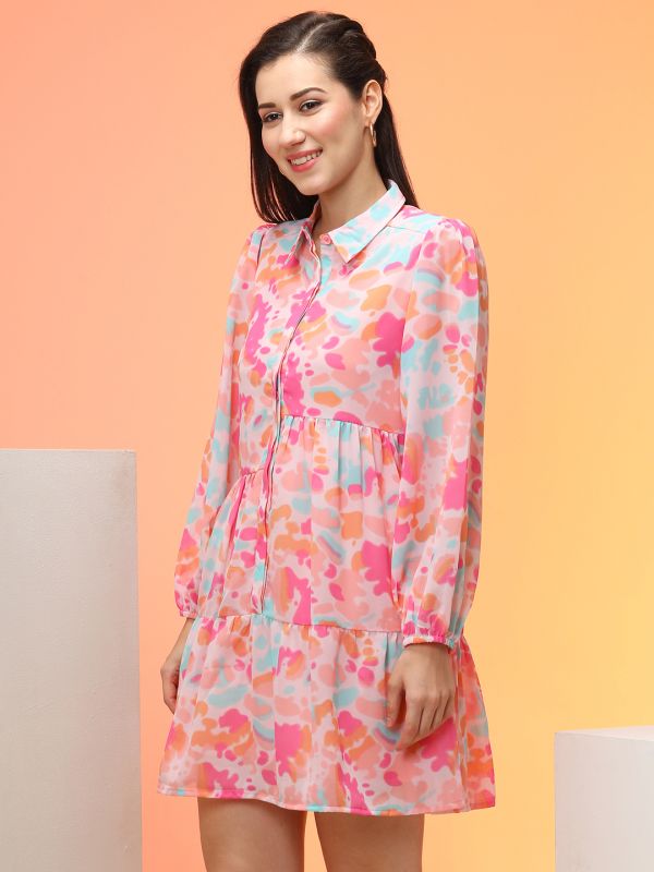 Globus Women Pink Abstract Printed Shirt Collar Bishop Sleeves Gathered A-Line Workwear Dress