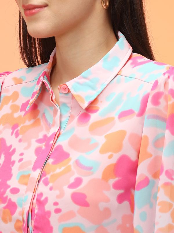 Globus Women Pink Abstract Printed Shirt Collar Bishop Sleeves Gathered A-Line Workwear Dress