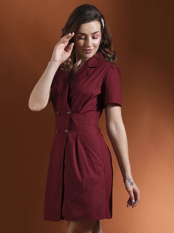 Globus Women Maroon Notched Lapel Double Breasted Back Ruched Workwear Blazer Dress