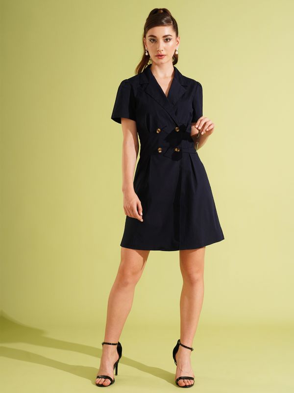 Globus Women Navy Blue Spread Collar Short Sleeves Mini Work Wear Blazer Dress