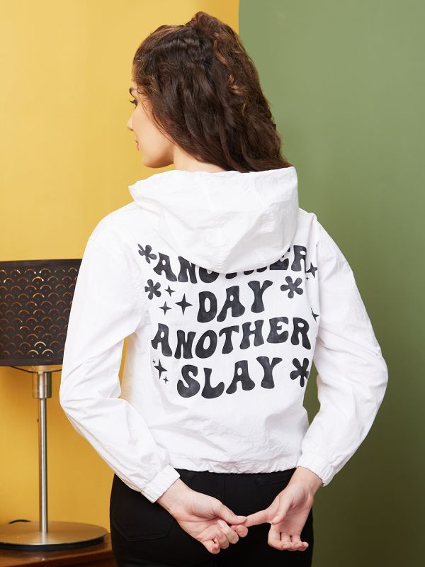 Globus Women White Hooded Neck Typography Print Casual Jacket