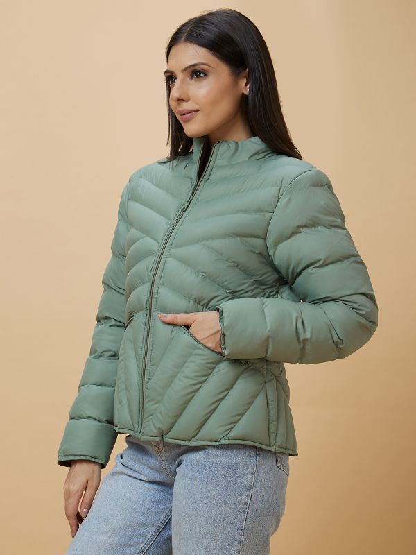 Globus Women Sea Green Solid High Neck Puffer Jacket