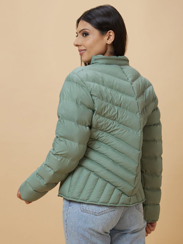 Globus Women Sea Green Solid High Neck Puffer Jacket