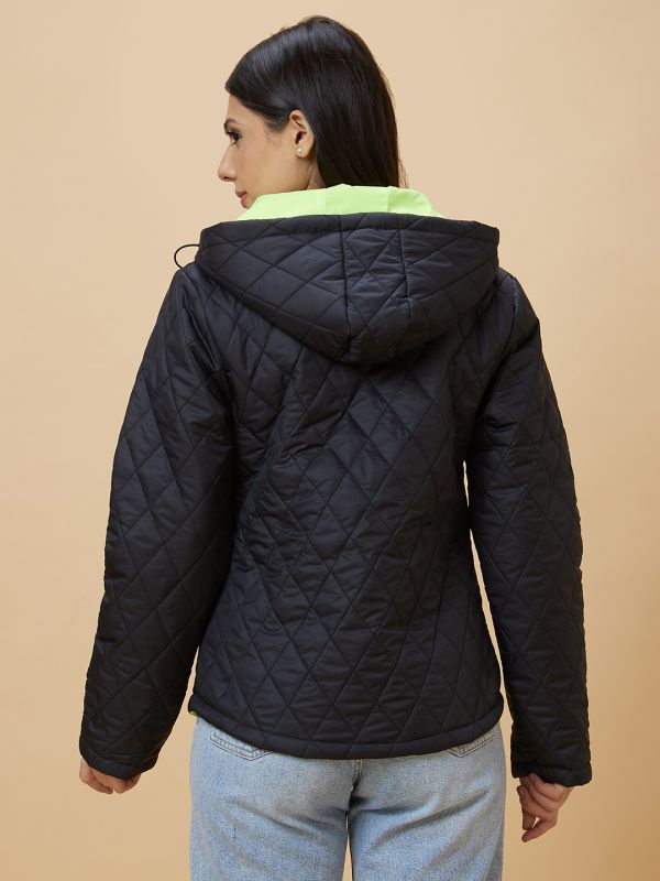 Globus Women Black Solid Hooded Reversible Zip Closure Puffer Jacket