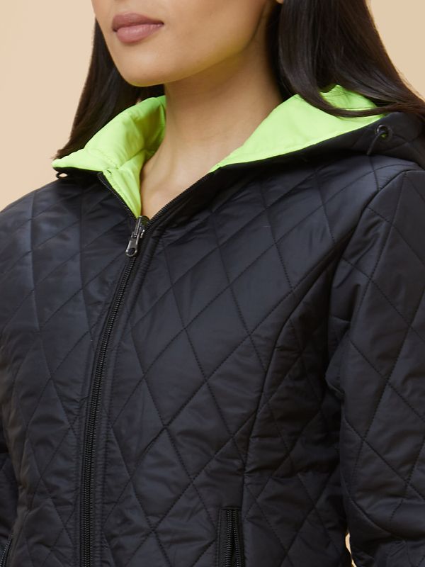 Globus Women Black Solid Hooded Reversible Zip Closure Puffer Jacket