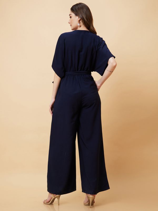 Globus Women Navy Round Neck With V Cut & Kimono Sleeves Waist Tie-Up Longline Jumpsuit