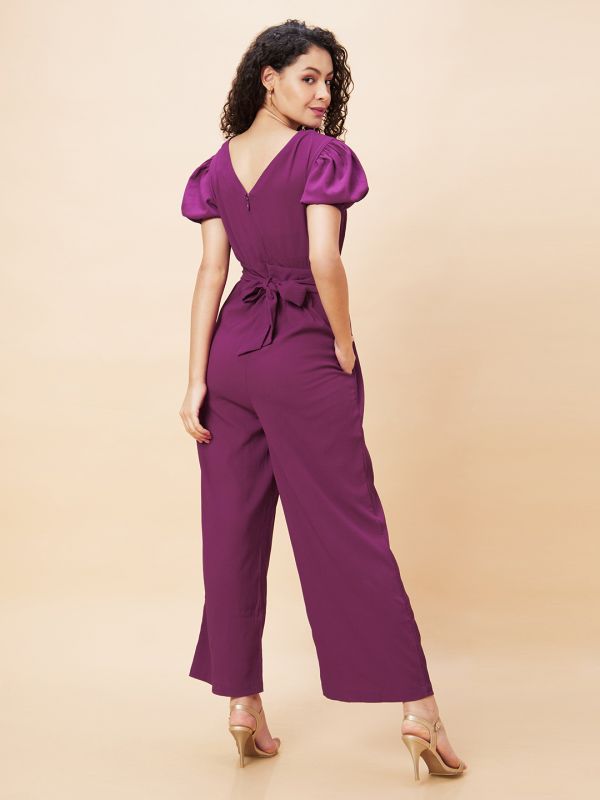 Globus Women Purple Wrap Neck Puff Sleeves Back Waist Tie-Up Long Jumpsuit