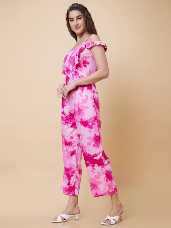 Globus Women Pink Tie Dye Strappy Casual Jumpsuit