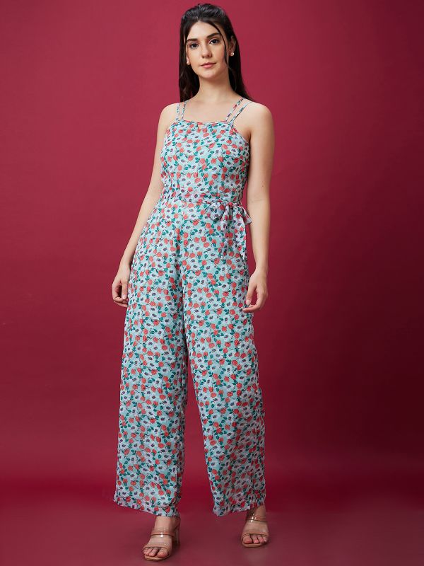 Globus Women Multi Blue Floral Printed Strappy Waist Tie-Up Casual Jumpsuit