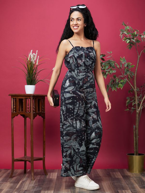 Globus Women Black Printed Shoulder Straps Casual Wear Jumpsuit