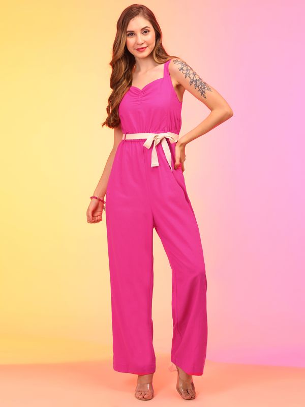 Globus Women Pink Sweetheart Neck Waist Tie-Ups Jumpsuit