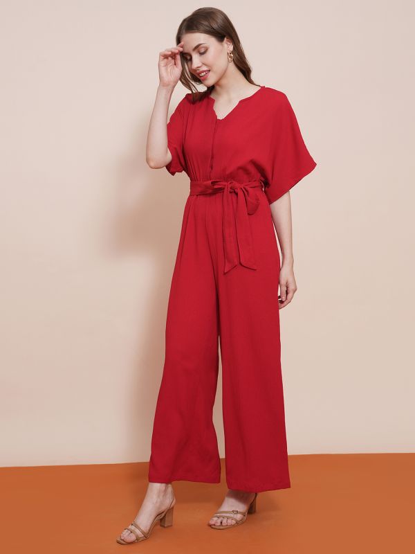 Globus Women Red V-Neck Kimono Sleeves Waist Tie-Up Wide-Leg Jumpsuit