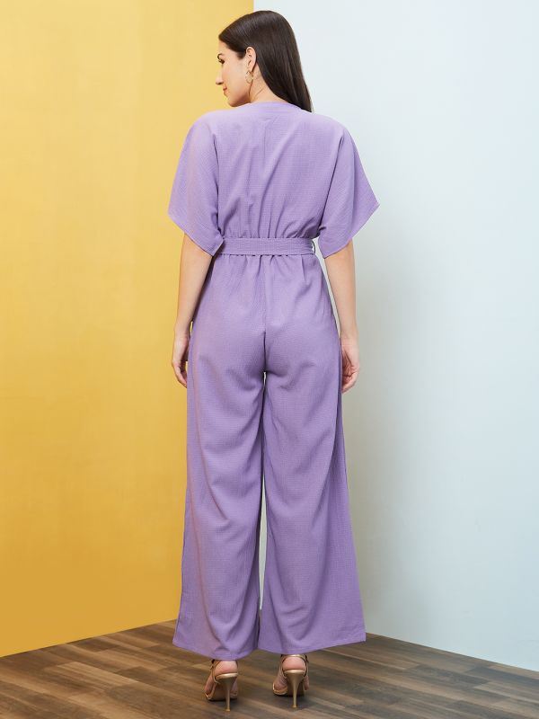 Globus Women Lavender Round Neck With V Cut & Kimono Sleeves Waist Tie-Up Longline Jumpsuit