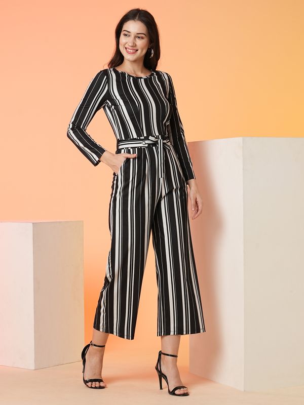 Globus Women Multi Black Striped Long Sleeve Jumpsuit